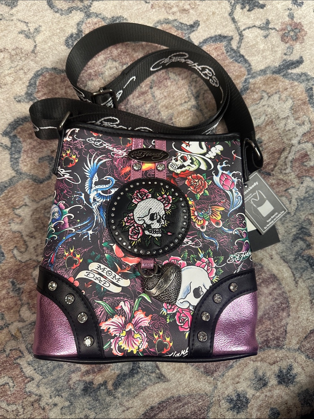 Ed Hardy Purple Metallic Tattoo-Print Crossbody Bag